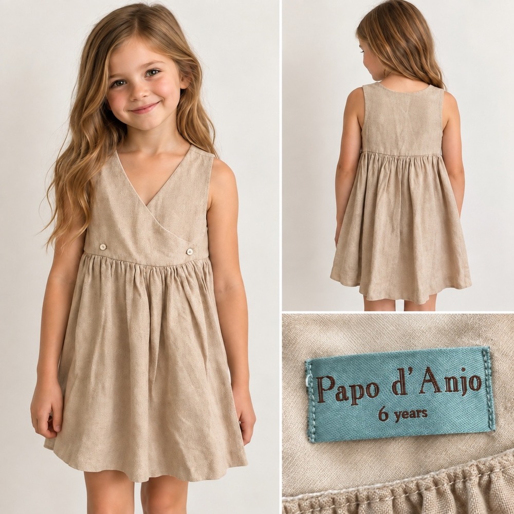 Papo d'Anjo Jumper Dress Kids 6Y Tan Cottagecore Cotton Wrap Pinafore Portugal